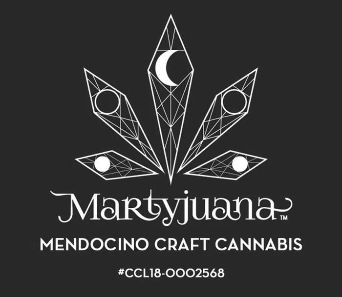 Black-and-white Martyjuana moon-phase leaf logo